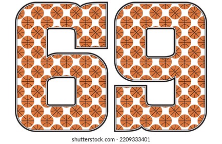 Number Sixty Nine With Basketball Ball Pattern Vector Illustration. Number 69 Isolated On A White Background
