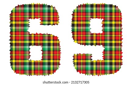 Number Sixty Nine With Textile Texture. Number 69 With Plaid Pattern Isolated On A White Background
