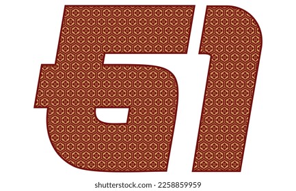 Number Sixty One With Japanese Seamless Vintage Pattern Vector Illustration. Number 61 Isolated In A White Background
