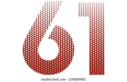 Number Sixty One With Red And White Dotted Pattern Vector Illustration. Number 61 Isolated On A White Background
