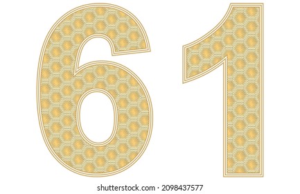 Number Sixty One Vector Illustration. Number 61 With Random Size Hexagonal Honeycomb Pattern Isolated On A White Background

