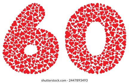 Número Sesenta Con Corazones Rojos Amor Patrón De Ilustración vectorial. Número 60 Aislado Sobre Un Fondo Blanco
