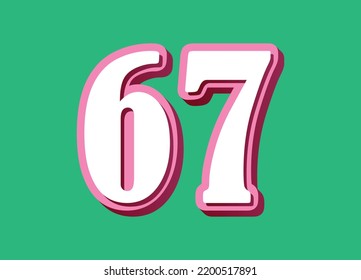 Number sixty seven. 3D number. Pink figures on green background