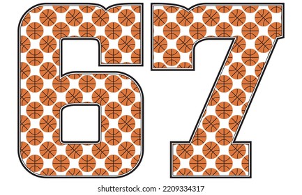 Number Sixty Seven With Basketball Ball Pattern Vector Illustration. Number 67 Isolated On A White Background
