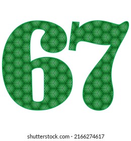 Nummer sechzig Sieben mit Blättern Muster Vektorgrafik. Grüne Zahl 67 mit ökologischer Textur einzeln auf weißem Hintergrund
