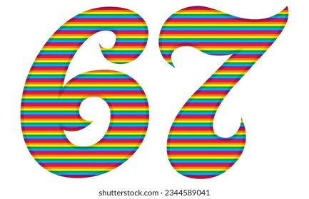Number Sixty Seven With Rainbow Colors Pattern Vector Illustration. Number 67 In LGBT Flag Colors