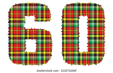 Number Sixty With Textile Texture. Number 60 With Plaid Pattern Isolated On A White Background
