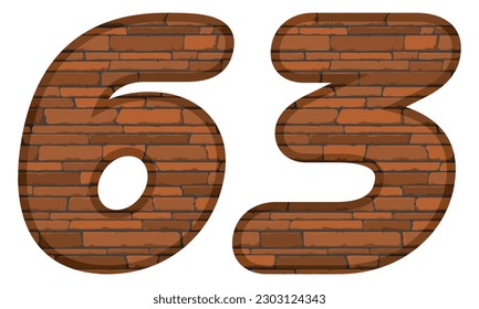 Number Sixty Three In Brick Style Vector Illustration. Number 63 With Brick Texture Isolated On A White Background