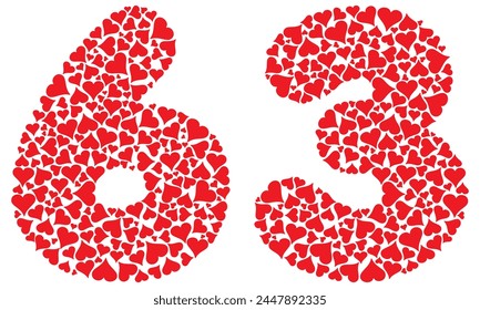 Number Sixty Three With Red Hearts Love Pattern Vector Illustration. Number 63 Isolated On A White Background
