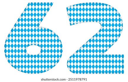 Nummer 62 mit Bayerischem Oktoberfest Nahtloses Muster Vektorgrafik. Zahl 62 einzeln auf weißem Hintergrund.eps
 Mit bayerischem Oktoberfest Nahtloses Muster Vektorgrafik. Nummer 62