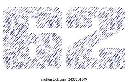 Number Sixty Two With Hand Drawn Pattern Vector Illustration. Number 62 With Line Pattern Isolated On A White Background

