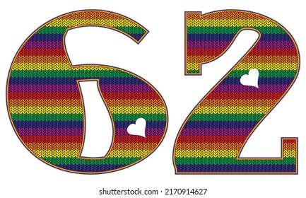Number Sixty Two With Rainbow LGBT Pattern. Number 62 Isolated On A White Background. Knitted Pattern In LGBT Flag Colors
