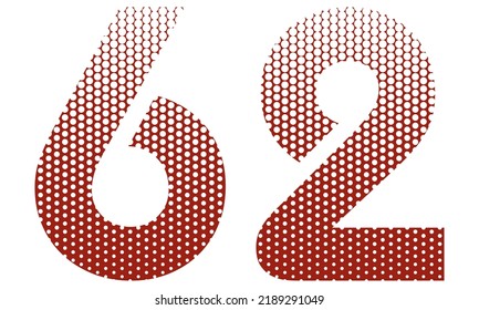 Number Sixty Two With Red And White Dotted Pattern Vector Illustration. Number 62 Isolated On A White Background
