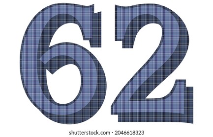 Number Sixty Two With Textile Texture Vector Illustration. Number 62 With Plaid Pattern Isolated On A White Background
