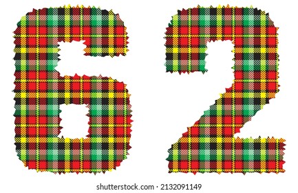 Number Sixty Two With Textile Texture. Number 62 With Plaid Pattern Isolated On A White Background

