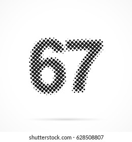 Number Sixty-seven, 67 in halftone. Dotted illustration isolated on a white background.
Vector illustration.