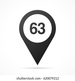 Number Sixty-three, 63 on map pin. Location pointer isolated on a white background.
Conceptual vector illustration.
