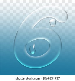 number six.vector letter 6 realistic water droplets on blue transparent background.vector.illustration