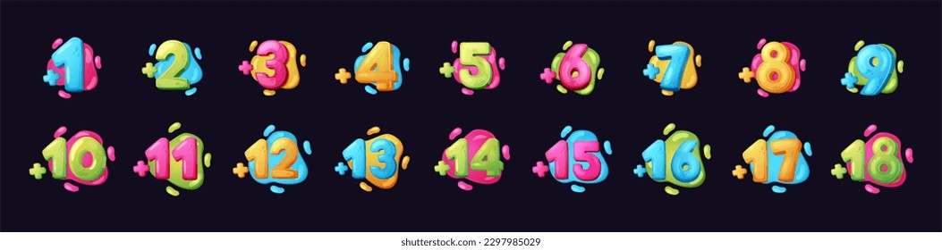 Number sticker. Color bubble age stamps with plus for cute kids and teens. Children birthday party decor, content permission control. Colorful symbols. Vector typography recent background