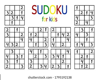 Number sudoku set for kids stock vector illustration. Ten easy sudoku game four by four for beinners. Simple number japanese logic puzzle for thinking. Complete all empty spaces number from 1 to 4. svg