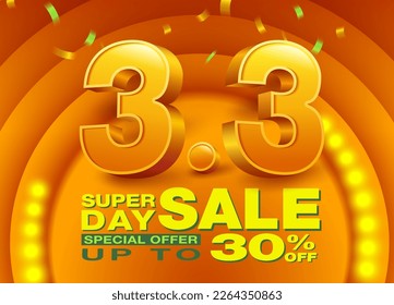 Number symbol 3.3 month 3 for sale promotion design template with 30% advertising design social media online shopping.