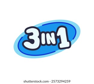 Number symbol "three in one" Isolated on white background. Concept illustration for packaging. Design in cartoon style, blue shades.