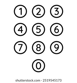 Conjunto de ícones de vetor de símbolo de número. Números em círculo. Coleção de pictogramas para educação. 0, 1, 2, 3, 4, 5, 6, 7, 8, 9.