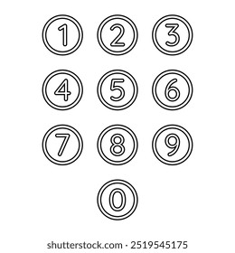 Conjunto de ícones de vetor de símbolo de número. Números em círculo. Coleção de pictogramas para educação. 0, 1, 2, 3, 4, 5, 6, 7, 8, 9.