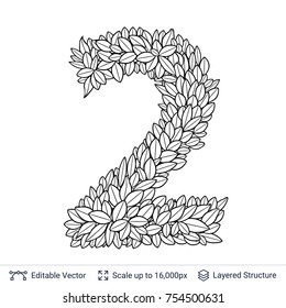 Number symbol of white leaves. Outline shape isolated on white. Vector icon easy to edit.