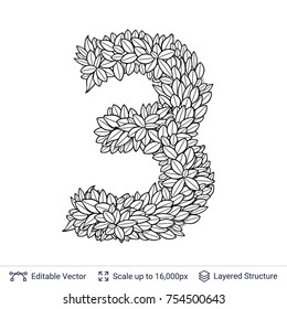 Number symbol of white leaves. Outline shape isolated on white. Vector icon easy to edit.