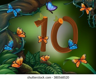 Number ten with 10 butterflies in the garden illustration
