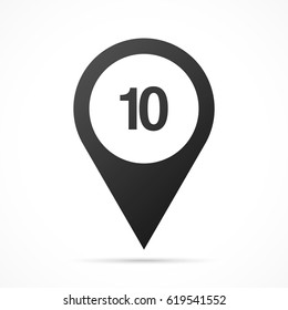 Number Ten, 10 on map pin. Location pointer isolated on a white background. 