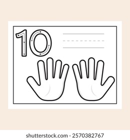 Number Ten. Black and White worksheet designed to help students learn and practice numbers. Activity made with cute and clean graphics ready to trace, color, write and improve finger counting