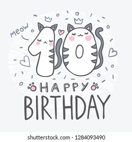 Number Ten with cartoon cat character vector illustration. Beautiful element for kids birthday party invitation, greeting card and cake toppers design.