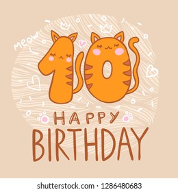 Number Ten with cartoon cat character vector illustration. Beautiful element for kids birthday party invitation, greeting card and cake toppers design.