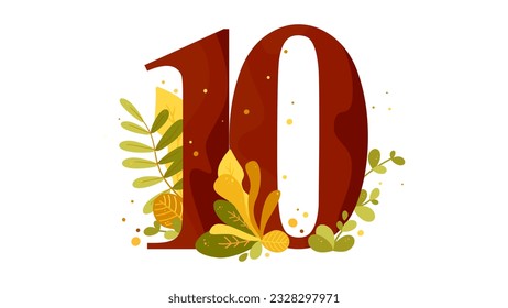 Número diez y plantas decorativas. Dígitos con decoración de hojas caídas. Grande 10 con ramas y follaje. Para afiches, banner, celebración, tarjetas de felicitación, impresión, diseño, decoración