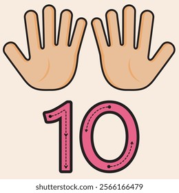 Number Ten. Finger counting designed to help PreK and Kindergarten students learn and practice numbers. Vector fully editable line art design