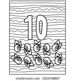number ten learning page coloring, fruit and three-dimensional number with a striped background for kids activity vector illustration