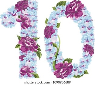 Number ten is made of flowers. Vector.