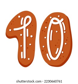 Number ten made of glazed gingerbread festive font symbol of happy new year and christmas. Vector hand drawn cartoon illustration
