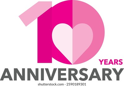 The number ten is pink, with a heart inside the zero and the word anniversary in gray at the bottom.