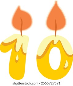 
Number Ten Shaped Candle Vector Cartoon Design Illustration. Numerical designed celebratory decor for birthday event 
