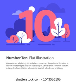 Number ten, top chart concept, sequential number, decade, night sky, park trees, vector flat design, minimalist illustration