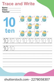 Number ten tracing practice worksheet with 10 chicks cracking from their eggs. Page for kids learning to count and to write. Vector Illustration. Exercise for children to recognize the number.
