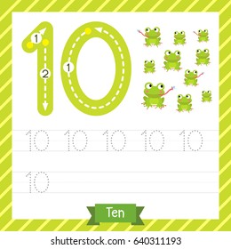 Number ten tracing practice worksheet with 10 frogs for kids learning to count and to write. Vector Illustration.