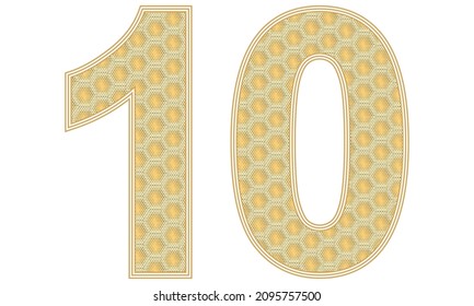 Number Ten Vector Illustration. Number 10 With Random Size Hexagonal Honeycomb Pattern Isolated On A White Background
