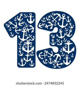 Number Thirteen With Anchor Pattern. Number 13 Isolated On A White Background
