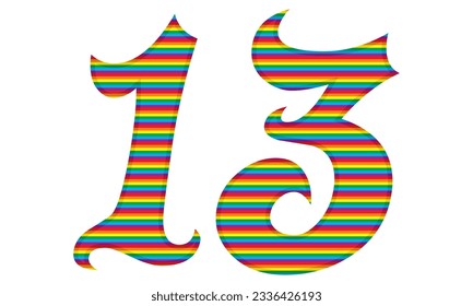 Number Thirteen With Rainbow Colors Pattern Vector Illustration. Number 13 In LGBT Flag Colors