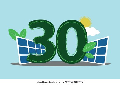 Número 30 con panel solar y sol con nubes Energía solar sostenible
