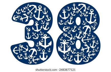 Number Thirty Eight With Anchor Pattern. Number 38 Isolated On A White Background
